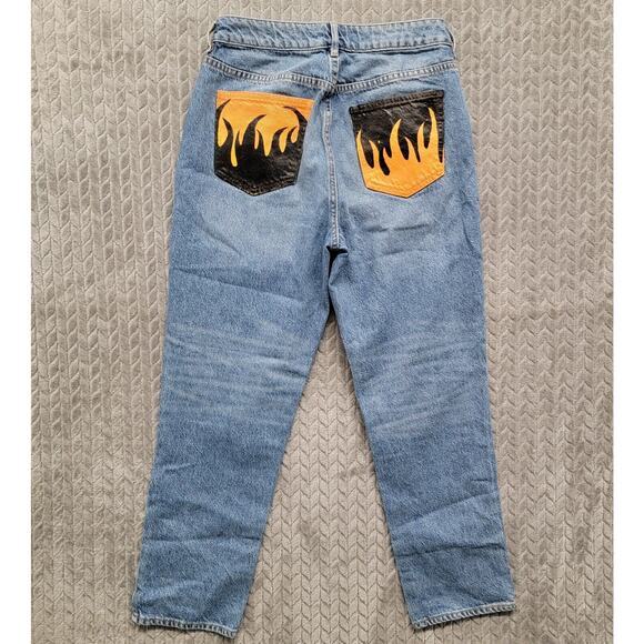 Pacsun Mom Jeans Womens 28 Blue‎ Denim High Rise Custom Flames Pockets Zip Fly - Picture 9 of 12